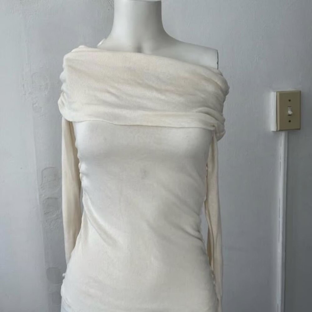 Cream mock neck Off on Shoulder ruched Long Sleeve cotton sweater